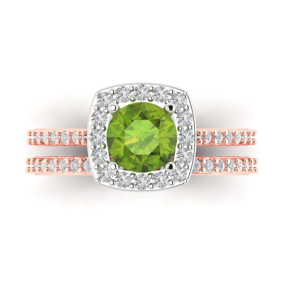 1.495 cttw Round Cut Natural Peridot Bridal Set - Solid Rose/White Gold Engagement Ring & Wedding Band