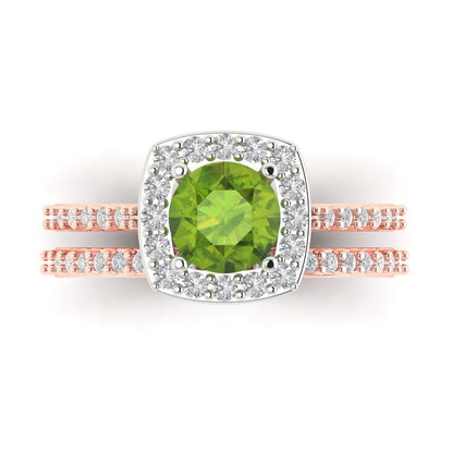 1.495 cttw Round Cut Natural Peridot Bridal Set - Solid Rose/White Gold Engagement Ring & Wedding Band