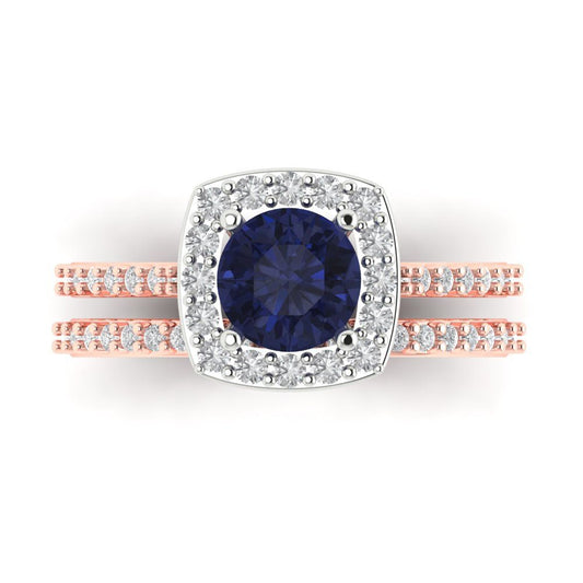 1.495 cttw Round Cut Simulated Blue Sapphire Bridal Set - Solid Rose/White Gold Engagement Ring & Wedding Band