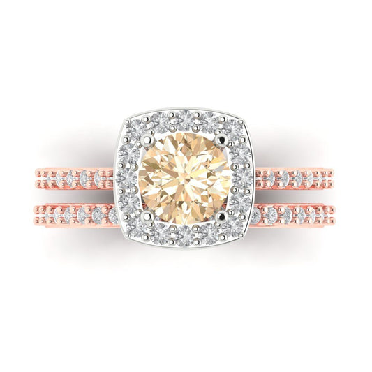1.495 cttw Round Cut Natural Morganite Bridal Set - Solid Rose/White Gold Engagement Ring & Wedding Band