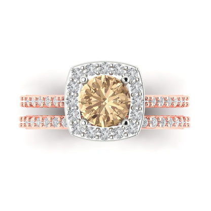 1.495 cttw Round Cut Yellow Moissanite Bridal Set - Solid Rose/White Gold Engagement Ring & Wedding Band