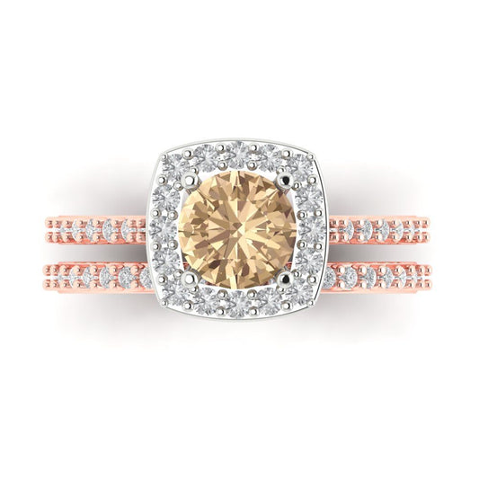 1.495 cttw Round Cut Yellow Moissanite Bridal Set - Solid Rose/White Gold Engagement Ring & Wedding Band