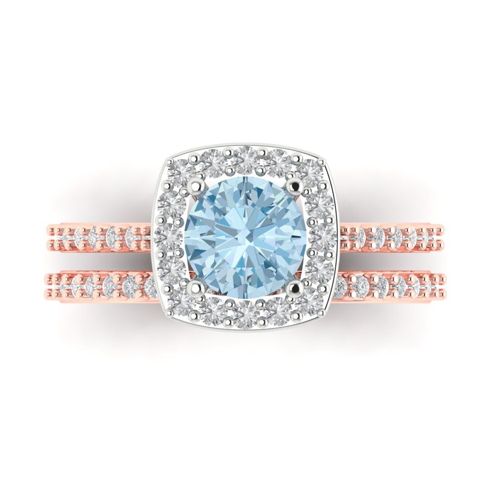 1.495 cttw Round Cut Natural Swiss Blue Topaz Bridal Set - Solid Rose/White Gold Engagement Ring & Wedding Band