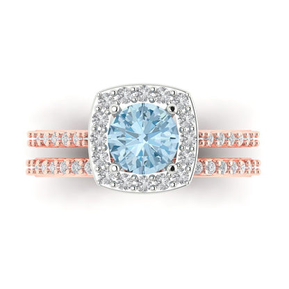 1.495 cttw Round Cut Natural Swiss Blue Topaz Bridal Set - Solid Rose/White Gold Engagement Ring & Wedding Band