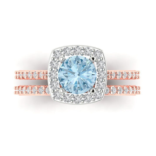 1.495 cttw Round Cut Natural Swiss Blue Topaz Bridal Set - Solid Rose/White Gold Engagement Ring & Wedding Band
