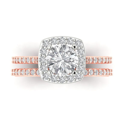 1.495 cttw Round Cut Moissanite Bridal Set - Solid Rose/White Gold Engagement Ring & Wedding Band