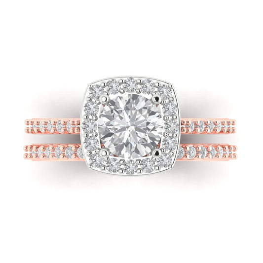 1.495 cttw Round Cut Moissanite Bridal Set - Solid Rose/White Gold Engagement Ring & Wedding Band