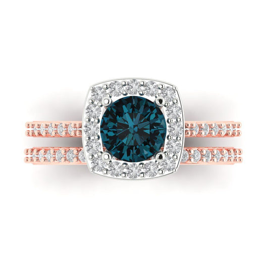 1.495 cttw Round Cut Natural London Blue Topaz Bridal Set - Solid Rose/White Gold Engagement Ring & Wedding Band