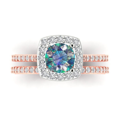 1.495 cttw Round Cut Blue Moissanite Bridal Set - Solid Rose/White Gold Engagement Ring & Wedding Band
