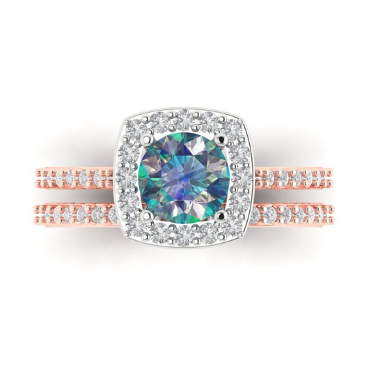 1.495 cttw Round Cut Blue Moissanite Bridal Set - Solid Rose/White Gold Engagement Ring & Wedding Band