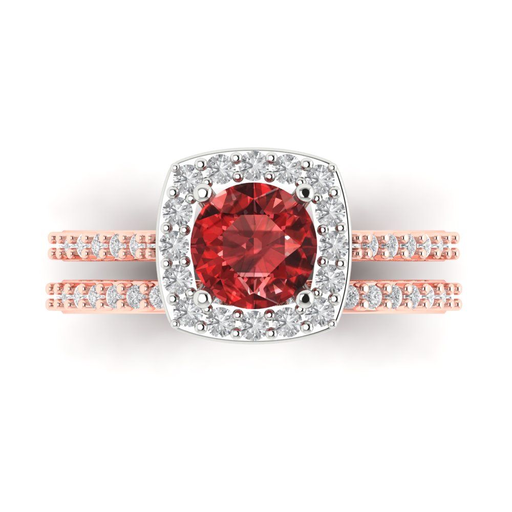 1.495 cttw Round Cut Natural Garnet Bridal Set - Solid Rose/White Gold Engagement Ring & Wedding Band
