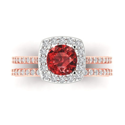 1.495 cttw Round Cut Natural Garnet Bridal Set - Solid Rose/White Gold Engagement Ring & Wedding Band