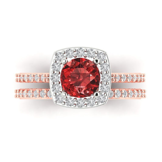 1.495 cttw Round Cut Natural Garnet Bridal Set - Solid Rose/White Gold Engagement Ring & Wedding Band