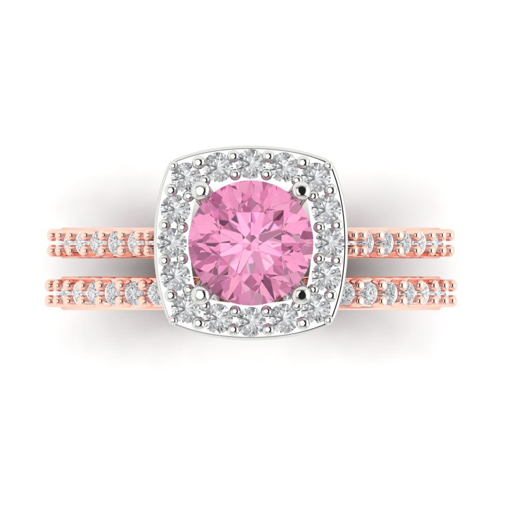 1.495 cttw Round Cut Simulated Pink Diamond Bridal Set - Solid Rose/White Gold Engagement Ring & Wedding Band