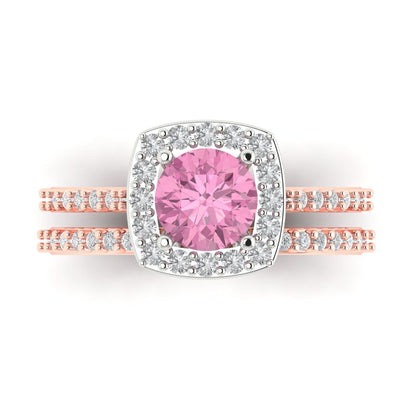 1.495 cttw Round Cut Simulated Pink Diamond Bridal Set - Solid Rose/White Gold Engagement Ring & Wedding Band