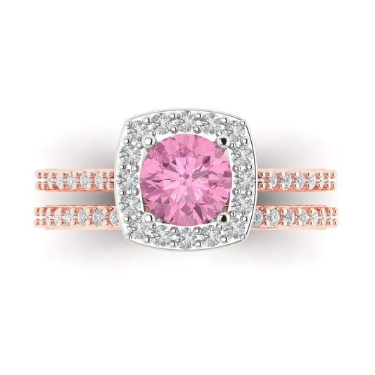 1.495 cttw Round Cut Simulated Pink Diamond Bridal Set - Solid Rose/White Gold Engagement Ring & Wedding Band