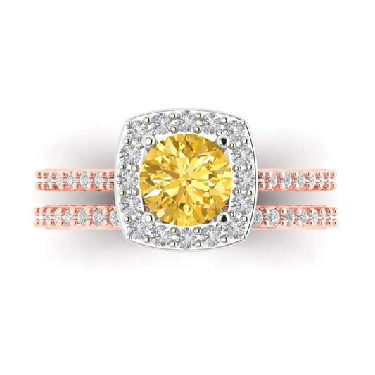 1.495 cttw Round Cut Simulated Yellow Diamond Bridal Set - Solid Rose/White Gold Engagement Ring & Wedding Band