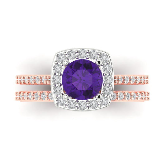 1.495 cttw Round Cut Natural Amethyst Bridal Set - Solid Rose/White Gold Engagement Ring & Wedding Band