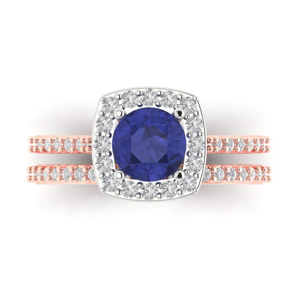1.495 cttw Round Cut Simulated Tanzanite Bridal Set - Solid Rose/White Gold Engagement Ring & Wedding Band