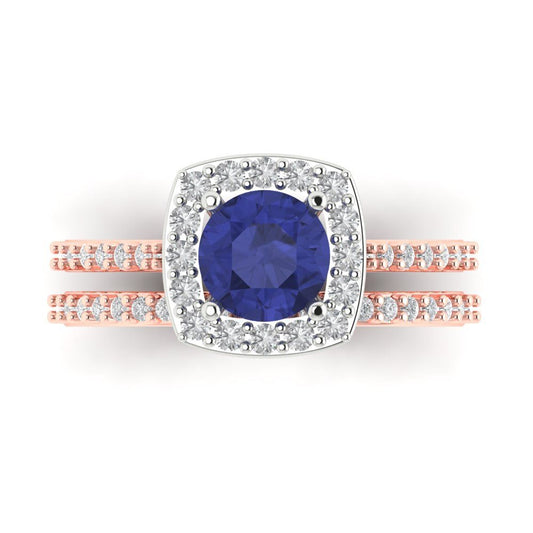 1.495 cttw Round Cut Simulated Tanzanite Bridal Set - Solid Rose/White Gold Engagement Ring & Wedding Band