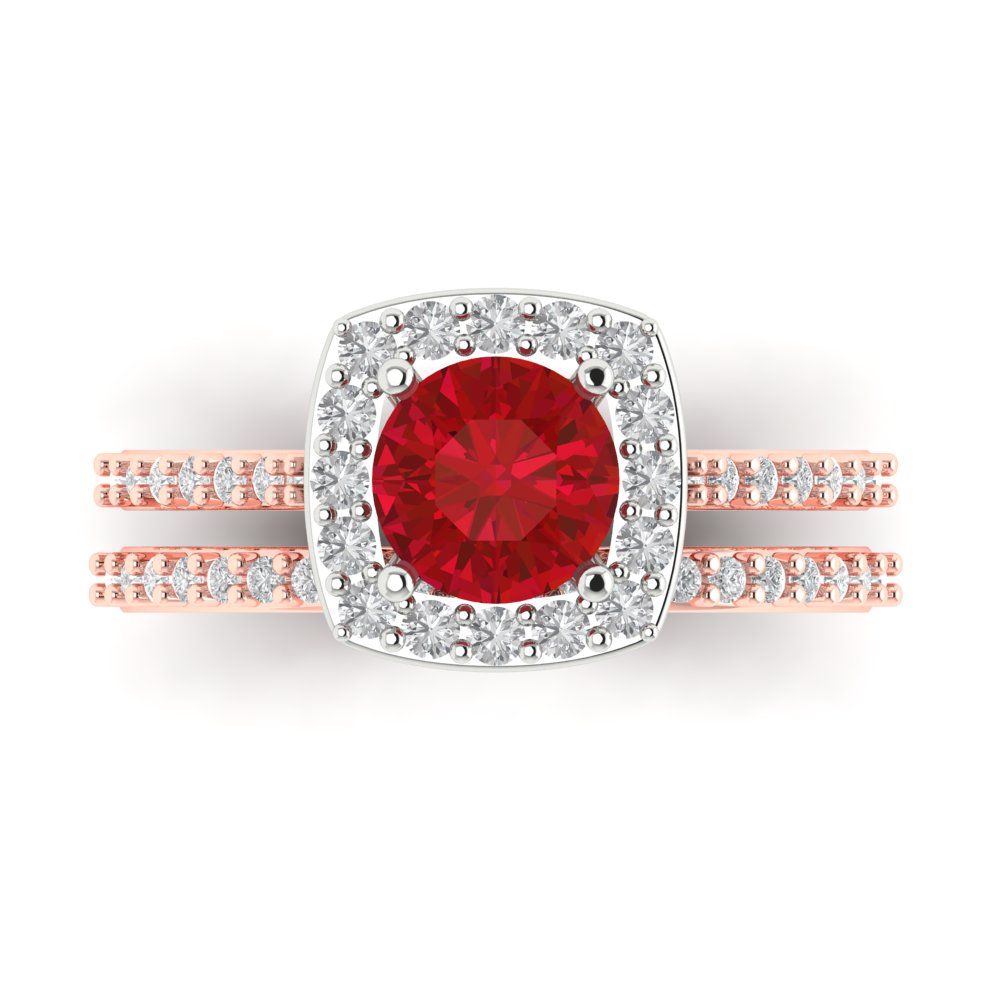 1.495 cttw Round Cut Simulated Pink Tourmaline Bridal Set - Solid Rose/White Gold Engagement Ring & Wedding Band