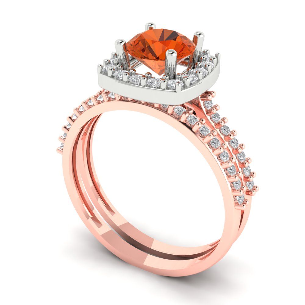 1.495 cttw Round Cut Simulated Red Diamond Bridal Set - Solid Rose/White Gold Engagement Ring & Wedding Band
