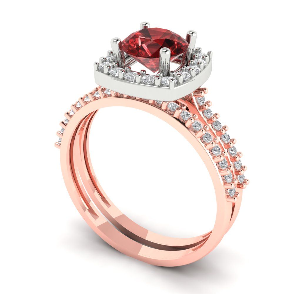 1.495 cttw Round Cut Natural Garnet Bridal Set - Solid Rose/White Gold Engagement Ring & Wedding Band