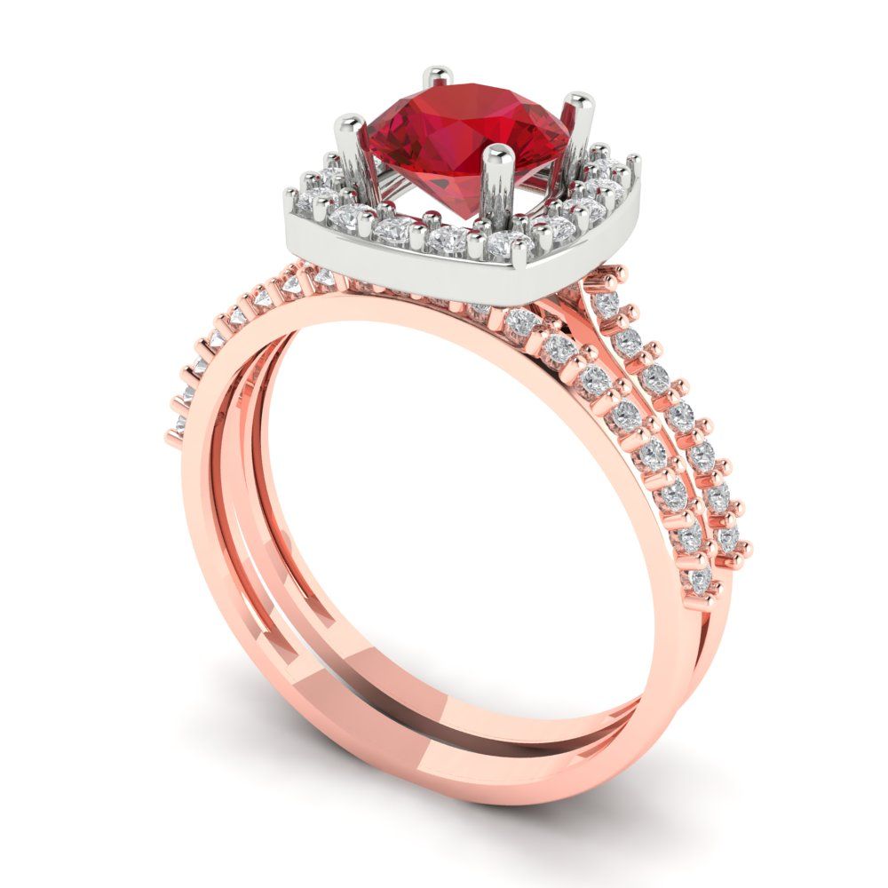 1.495 cttw Round Cut Simulated Pink Tourmaline Bridal Set - Solid Rose/White Gold Engagement Ring & Wedding Band