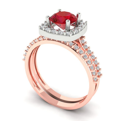 1.495 cttw Round Cut Simulated Pink Tourmaline Bridal Set - Solid Rose/White Gold Engagement Ring & Wedding Band