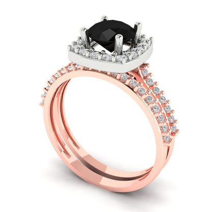 1.495 cttw Round Cut Natural Onyx Bridal Set - Solid Rose/White Gold Engagement Ring & Wedding Band