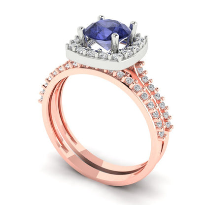 1.495 cttw Round Cut Simulated Tanzanite Bridal Set - Solid Rose/White Gold Engagement Ring & Wedding Band