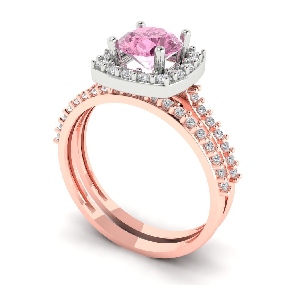 1.495 cttw Round Cut Simulated Pink Diamond Bridal Set - Solid Rose/White Gold Engagement Ring & Wedding Band
