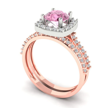 1.495 cttw Round Cut Simulated Pink Diamond Bridal Set - Solid Rose/White Gold Engagement Ring & Wedding Band
