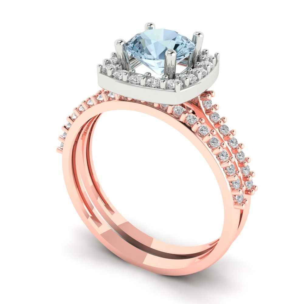 1.495 cttw Round Cut Natural Swiss Blue Topaz Bridal Set - Solid Rose/White Gold Engagement Ring & Wedding Band
