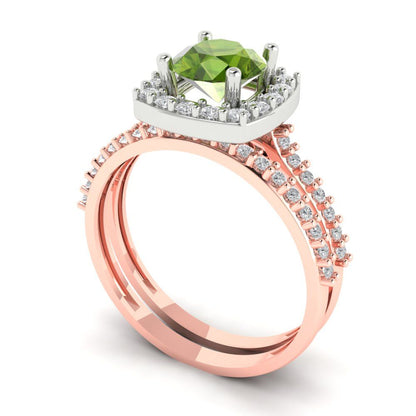 1.495 cttw Round Cut Natural Peridot Bridal Set - Solid Rose/White Gold Engagement Ring & Wedding Band