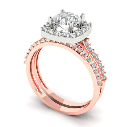 1.495 cttw Round Cut Moissanite Bridal Set - Solid Rose/White Gold Engagement Ring & Wedding Band