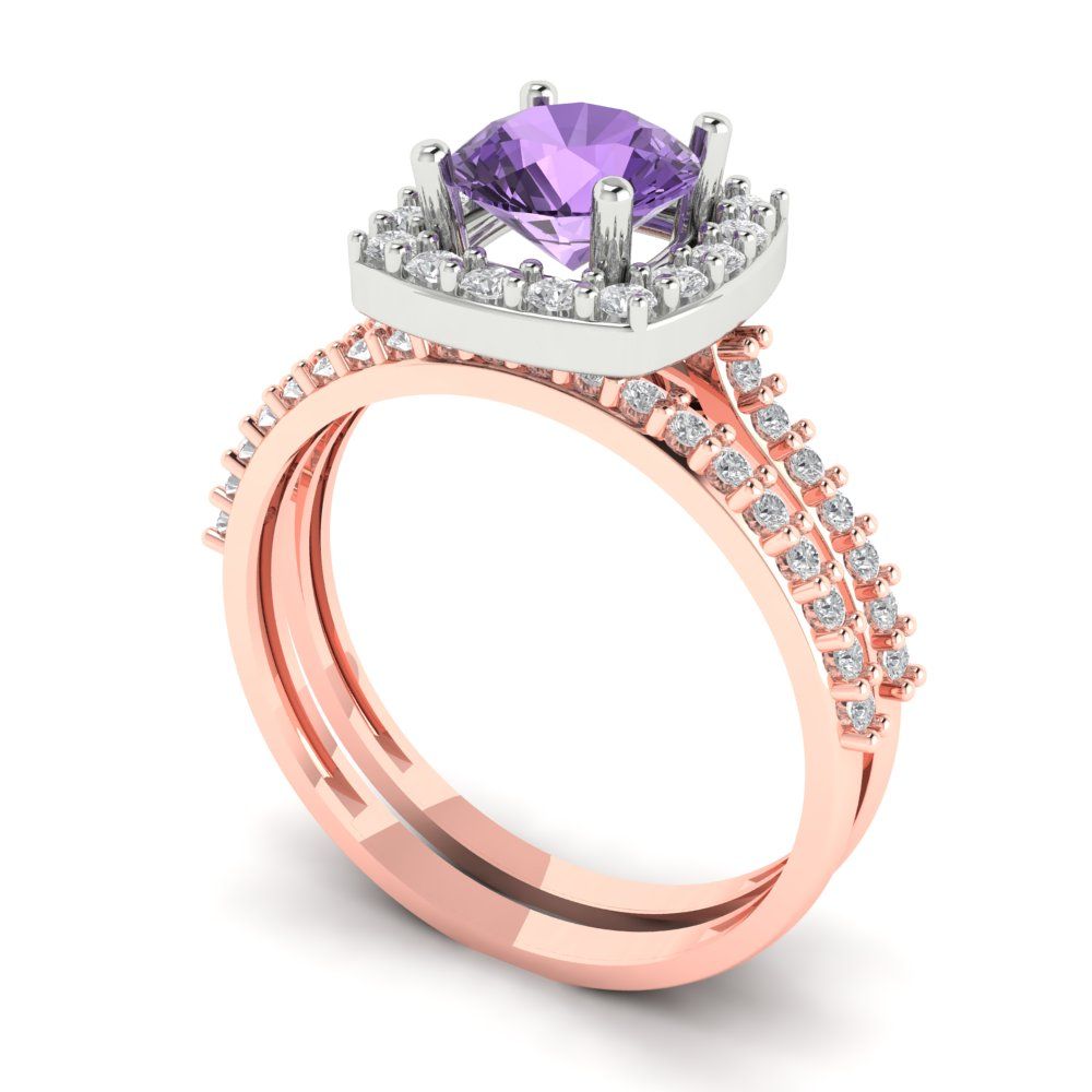 1.495 cttw Round Cut Simulated Alexandrite Bridal Set - Solid Rose/White Gold Engagement Ring & Wedding Band