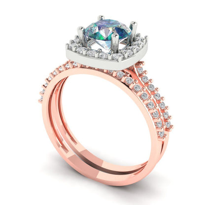 1.495 cttw Round Cut Blue Moissanite Bridal Set - Solid Rose/White Gold Engagement Ring & Wedding Band