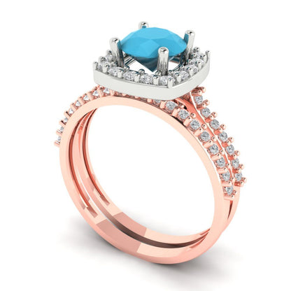 1.495 cttw Round Cut Simulated Turquoise Bridal Set - Solid Rose/White Gold Engagement Ring & Wedding Band