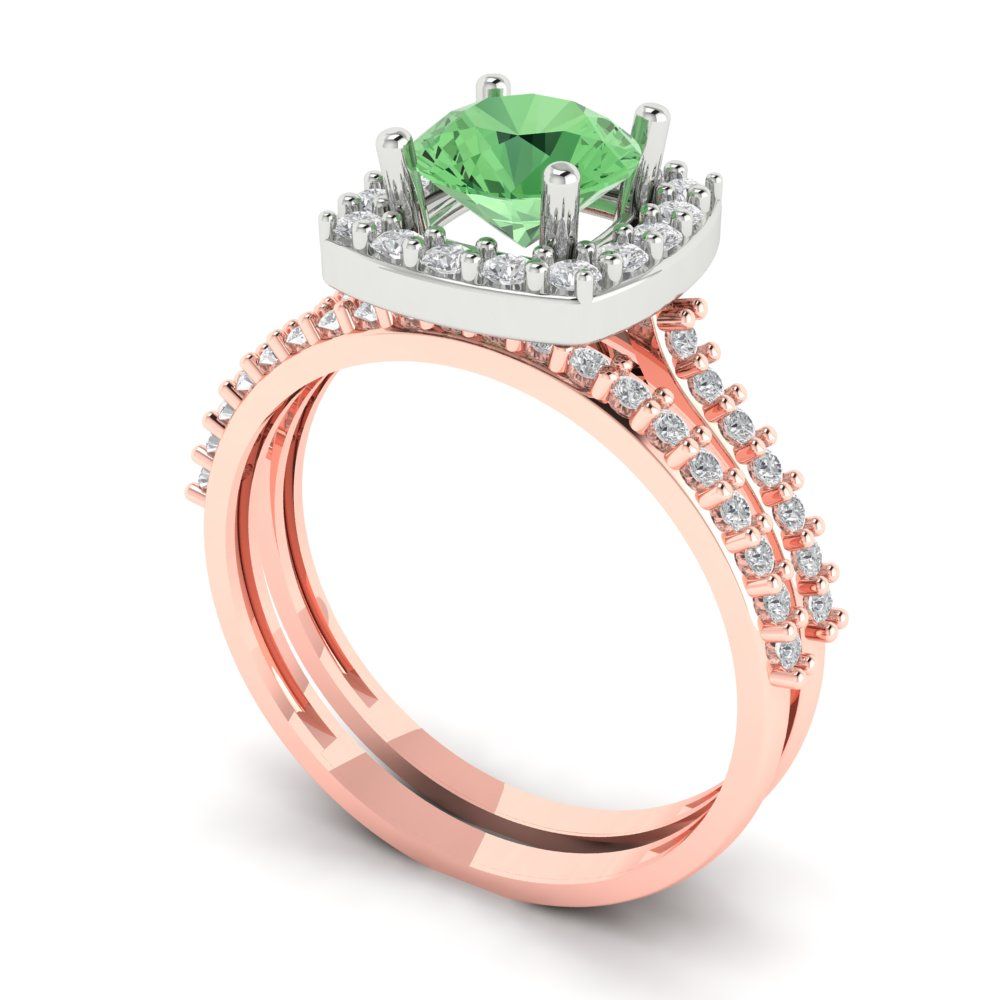 1.495 cttw Round Cut Simulated Green Diamond Bridal Set - Solid Rose/White Gold Engagement Ring & Wedding Band