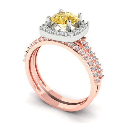 1.495 cttw Round Cut Yellow Moissanite Bridal Set - Solid Rose/White Gold Engagement Ring & Wedding Band