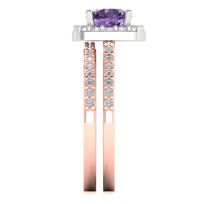 1.495 cttw Round Cut Simulated Alexandrite Bridal Set - Solid Rose/White Gold Engagement Ring & Wedding Band
