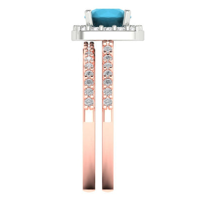 1.495 cttw Round Cut Simulated Turquoise Bridal Set - Solid Rose/White Gold Engagement Ring & Wedding Band