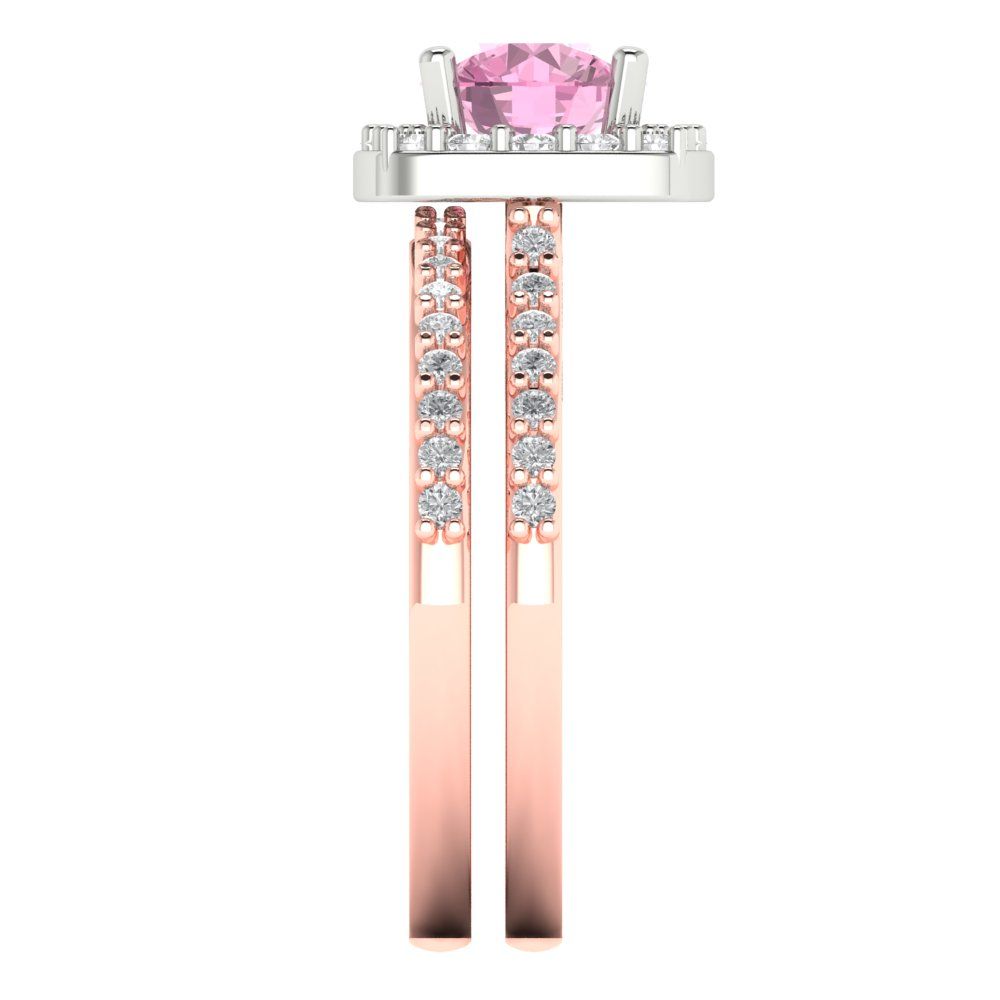 1.495 cttw Round Cut Simulated Pink Diamond Bridal Set - Solid Rose/White Gold Engagement Ring & Wedding Band