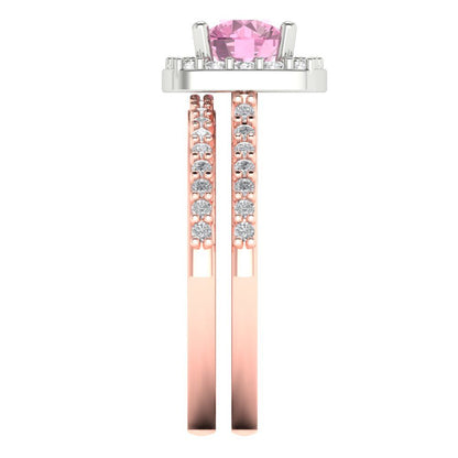 1.495 cttw Round Cut Simulated Pink Diamond Bridal Set - Solid Rose/White Gold Engagement Ring & Wedding Band