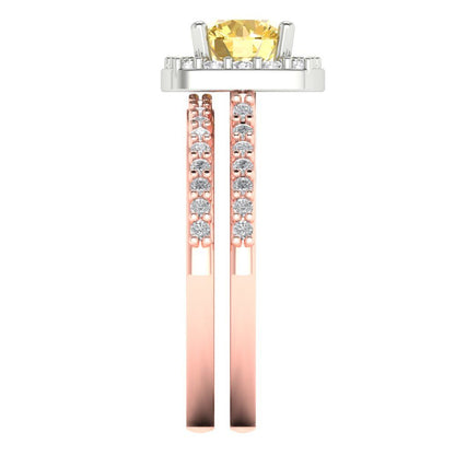 1.495 cttw Round Cut Natural Citrine Bridal Set - Solid Rose/White Gold Engagement Ring & Wedding Band