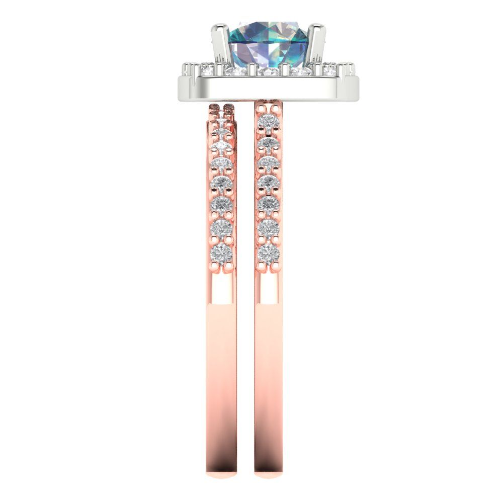 1.495 cttw Round Cut Blue Moissanite Bridal Set - Solid Rose/White Gold Engagement Ring & Wedding Band