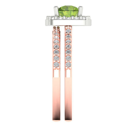 1.495 cttw Round Cut Natural Peridot Bridal Set - Solid Rose/White Gold Engagement Ring & Wedding Band