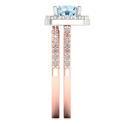 1.495 cttw Round Cut Natural Swiss Blue Topaz Bridal Set - Solid Rose/White Gold Engagement Ring & Wedding Band