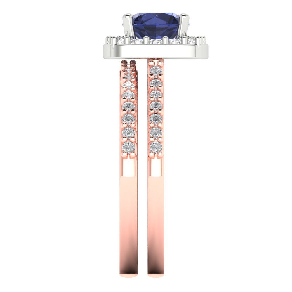 1.495 cttw Round Cut Simulated Blue Sapphire Bridal Set - Solid Rose/White Gold Engagement Ring & Wedding Band